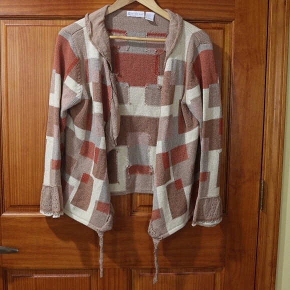 Wildroot Retro Ruffle Vintage Cardigan Sweater LG Shades of Brown Geometric - Picture 2 of 13